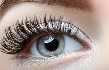 Close-up of a human eye with long, thick eyelashes. The eye has a light iris, and the skin around it is smooth.